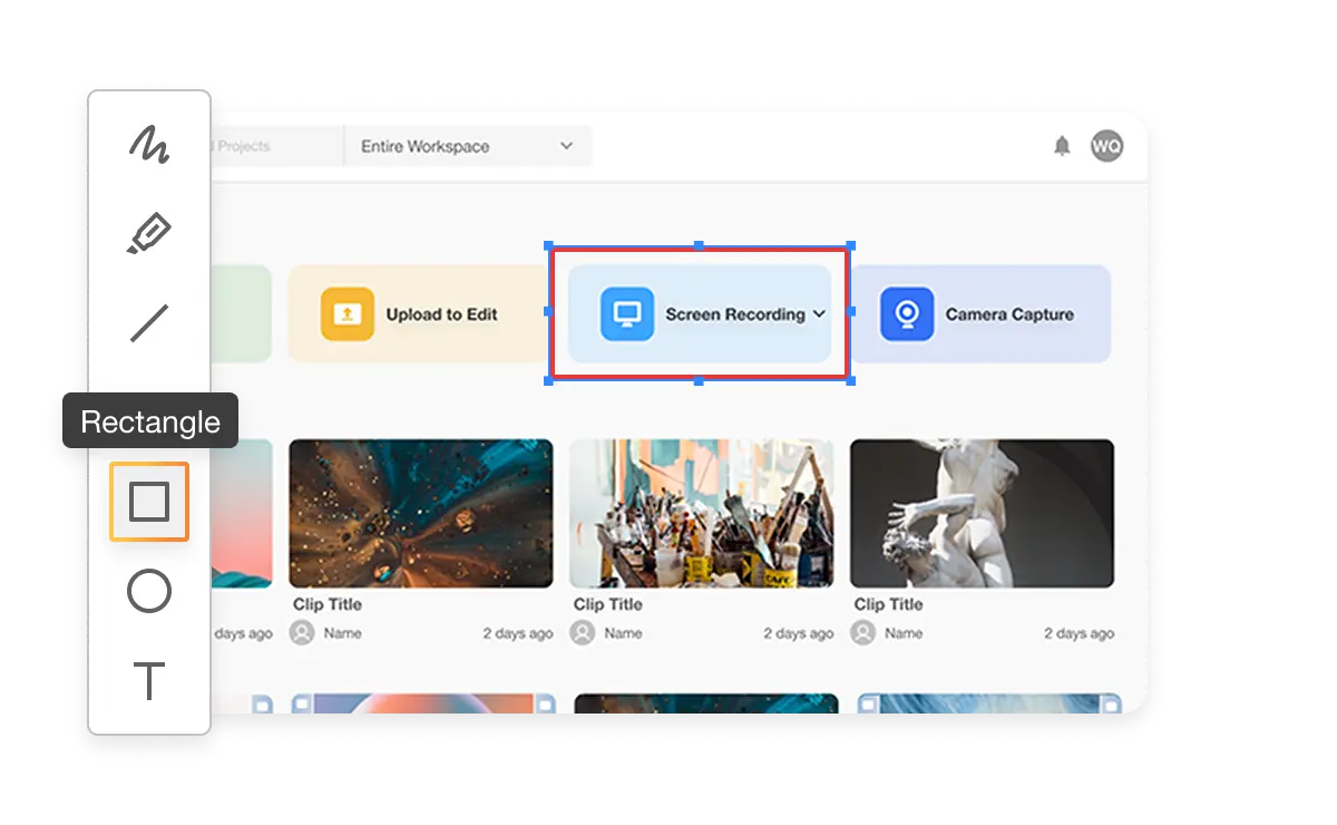 Visla screen recording annotation tool with options to add straight lines, rectangles, and ellipses for structured visual clarity.